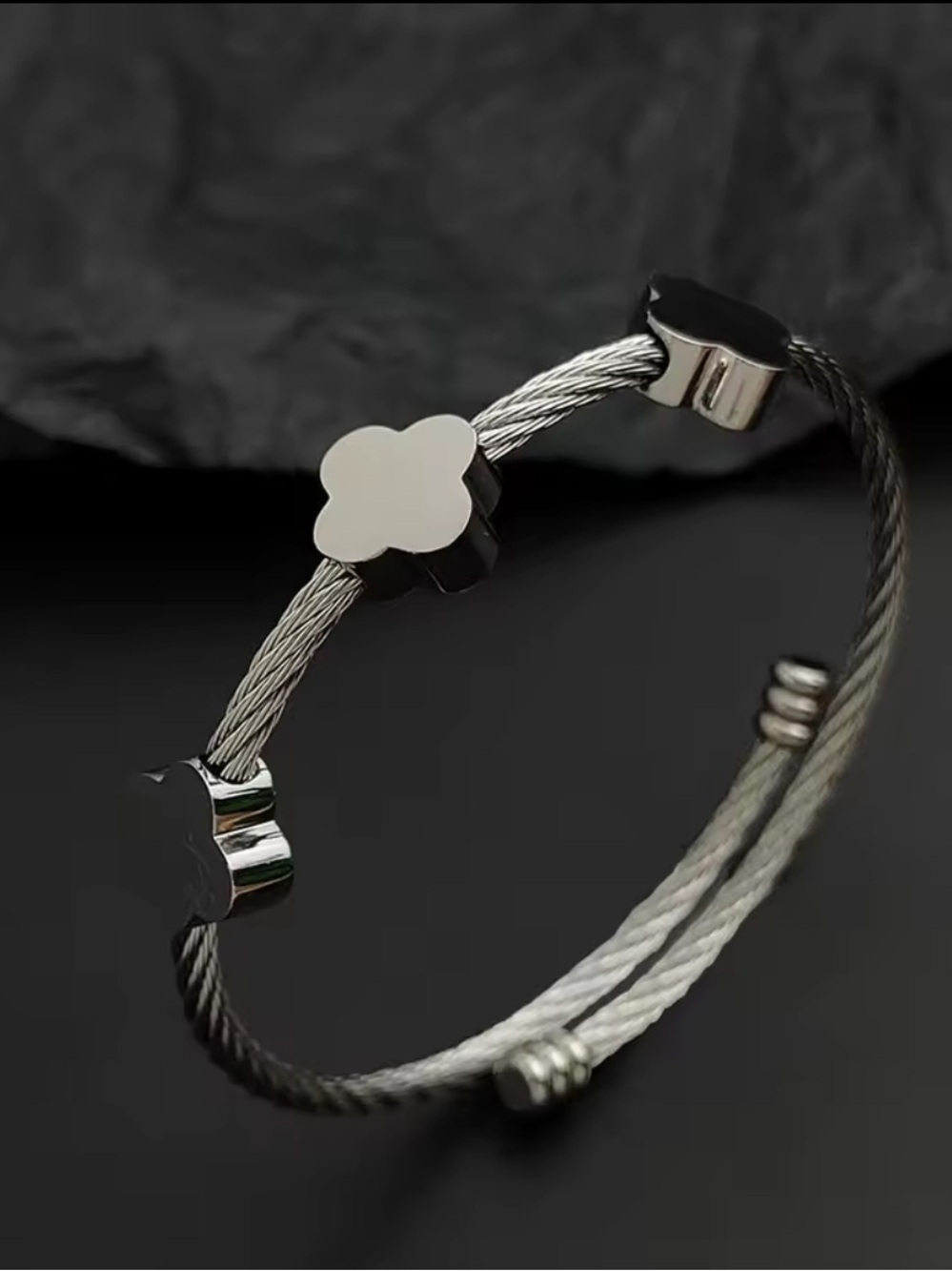 Modern Silver Cable Clover Accent Bracelet